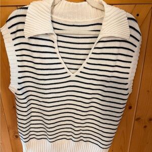 Striped Knit Collared Sweater Vest - White and Black